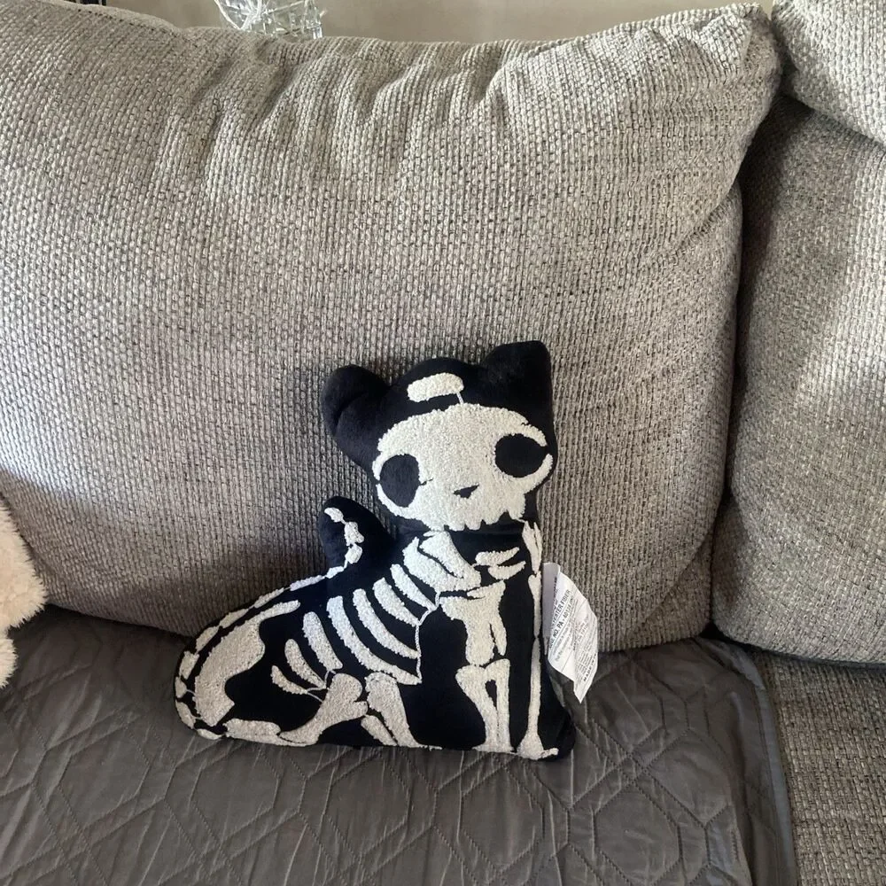 Black & White Skeleton Cat Decorative Pillow Plush Embroidered Fall Halloween
